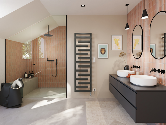 modern bathroom with a black bathroom radiator zehnder tetris