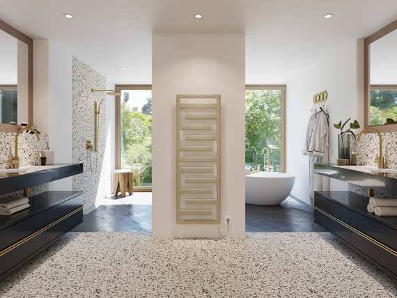 modernes badezimmer mit einem zentral verbauten badheizkörper zehnder tetris