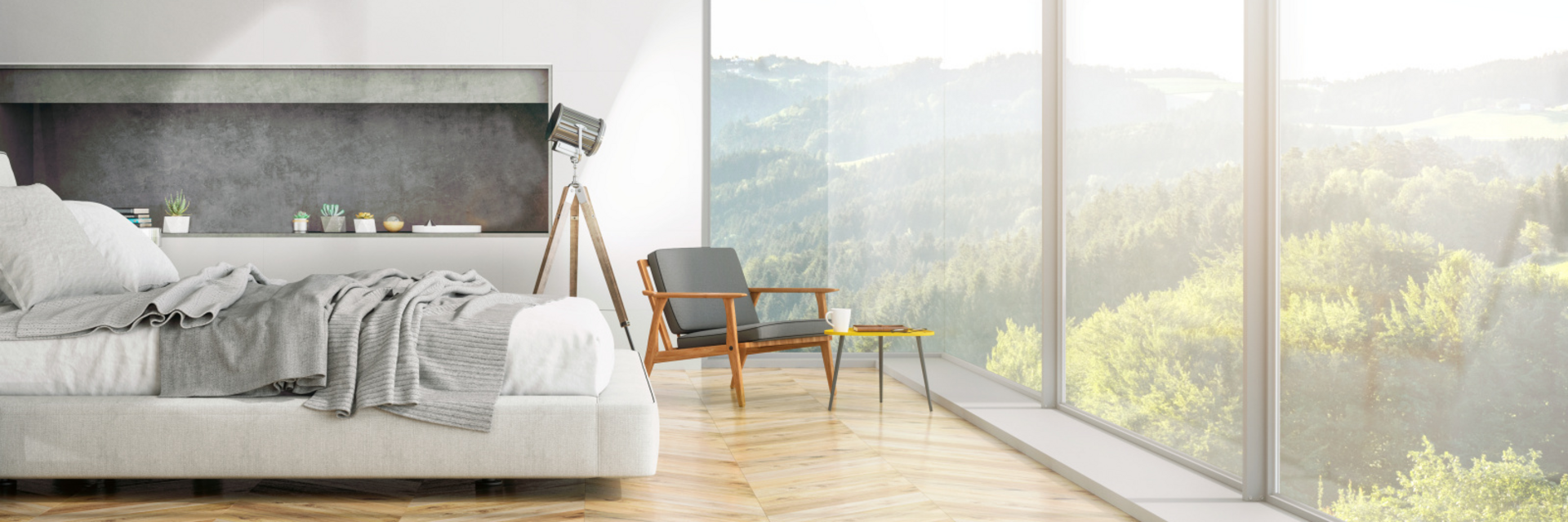 modernes Schlafzimmer Interieur mit Blick auf die Natur