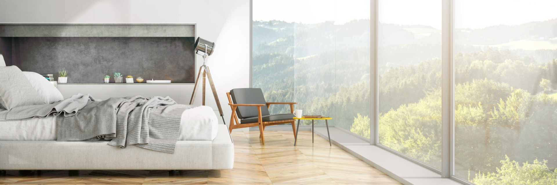 modernes Schlafzimmer Interieur mit Blick auf die Natur