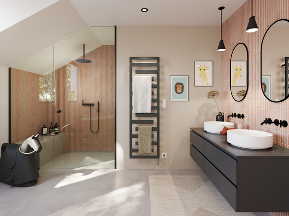 modern bathroom with a black zehnder charleston design radiator